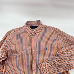 Ralph Lauren Custom Fit Orange Blue‎ Stripe Button Down Shirt Men Size 16 32/33
